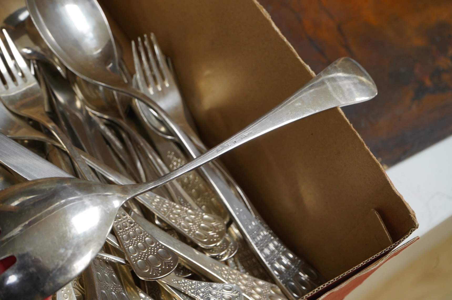 Bjorn Wiinblad for Rosenthal EPNS ‘Romanze’ pattern six setting flatware, a pair of servers and six teaspoons. Two small knives missing and one blade broken.